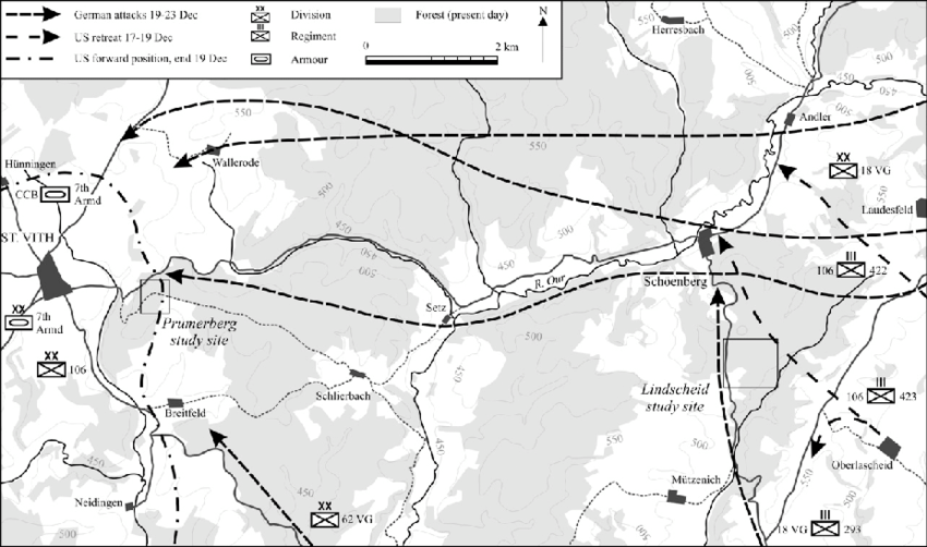 Schoenberg area showing German attack axes, 19-23 December 1944